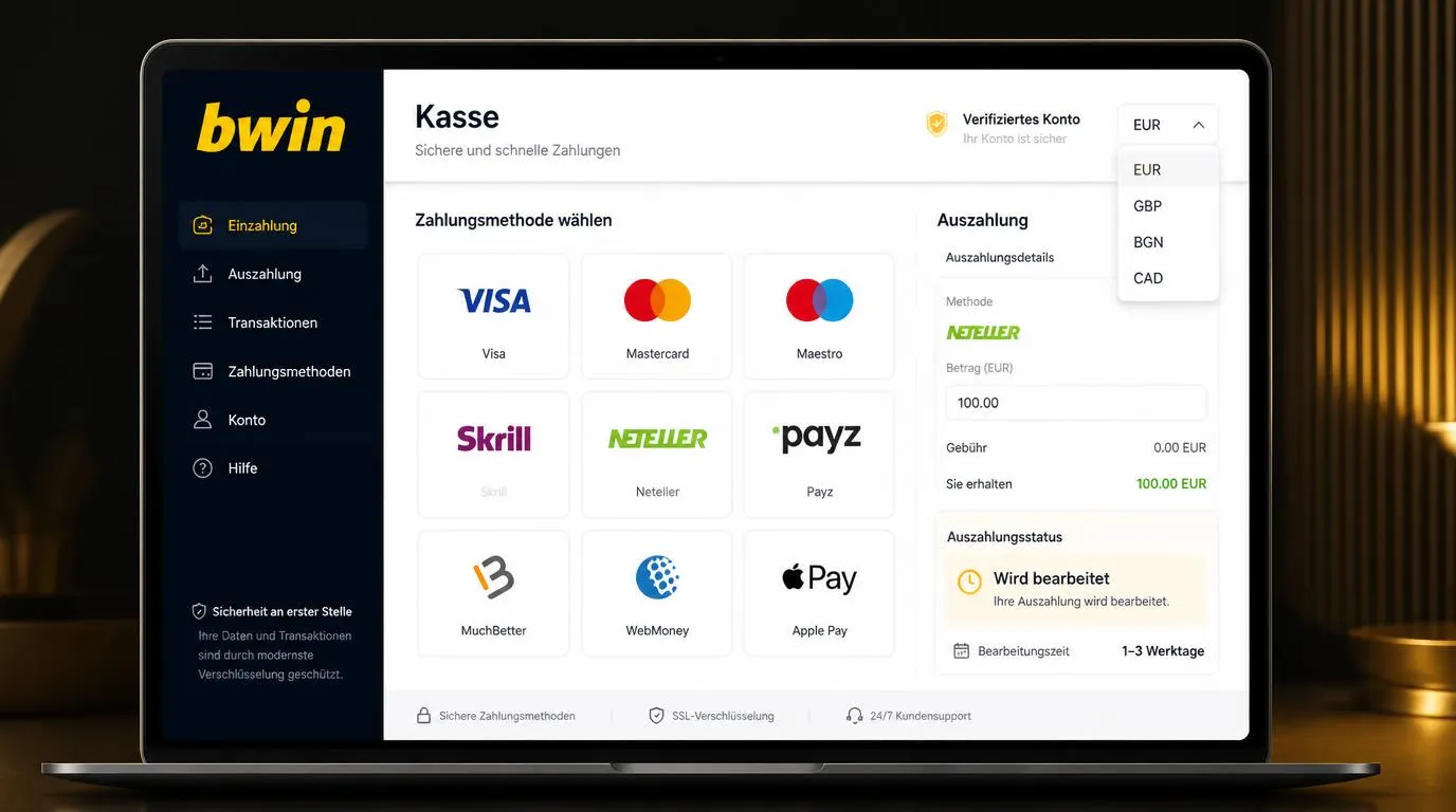 Kassenbereich mit Karten, E-Wallets und Auszahlungsstatus für deutsche Casinonutzer