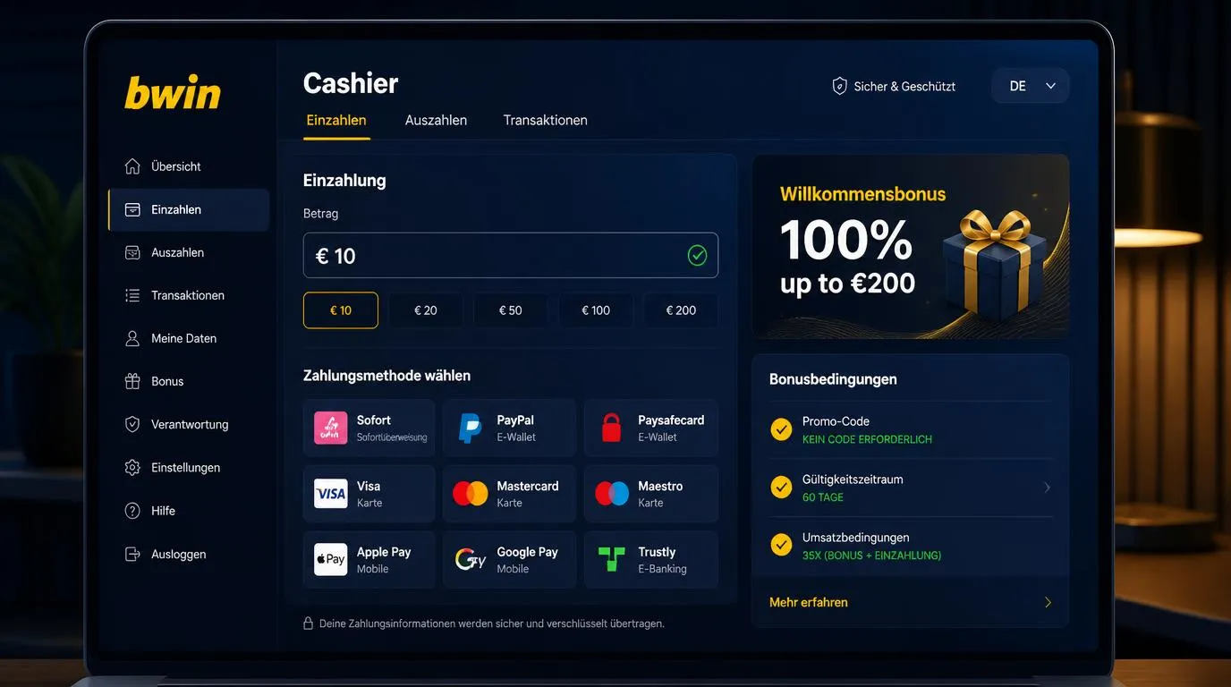 Casino-Kasse mit 10-Euro-Einzahlung, Bonusaktivierung und Auswahl von Zahlungsarten