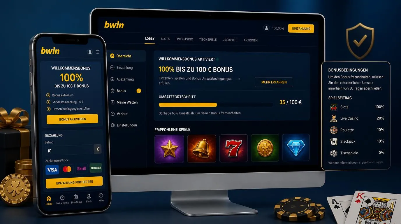 Casino-App mit Bonusauswahl, Einzahlung von 10 Euro und sichtbarem Umsatzfortschritt