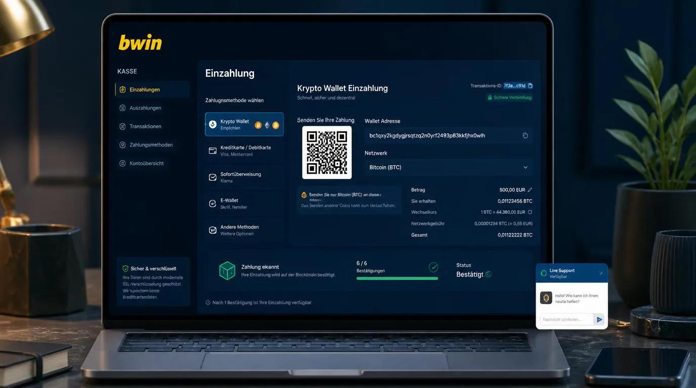 Krypto-Wallet mit bestätigter Einzahlung und Sicherheitsprüfung im Casino-Kassenbereich