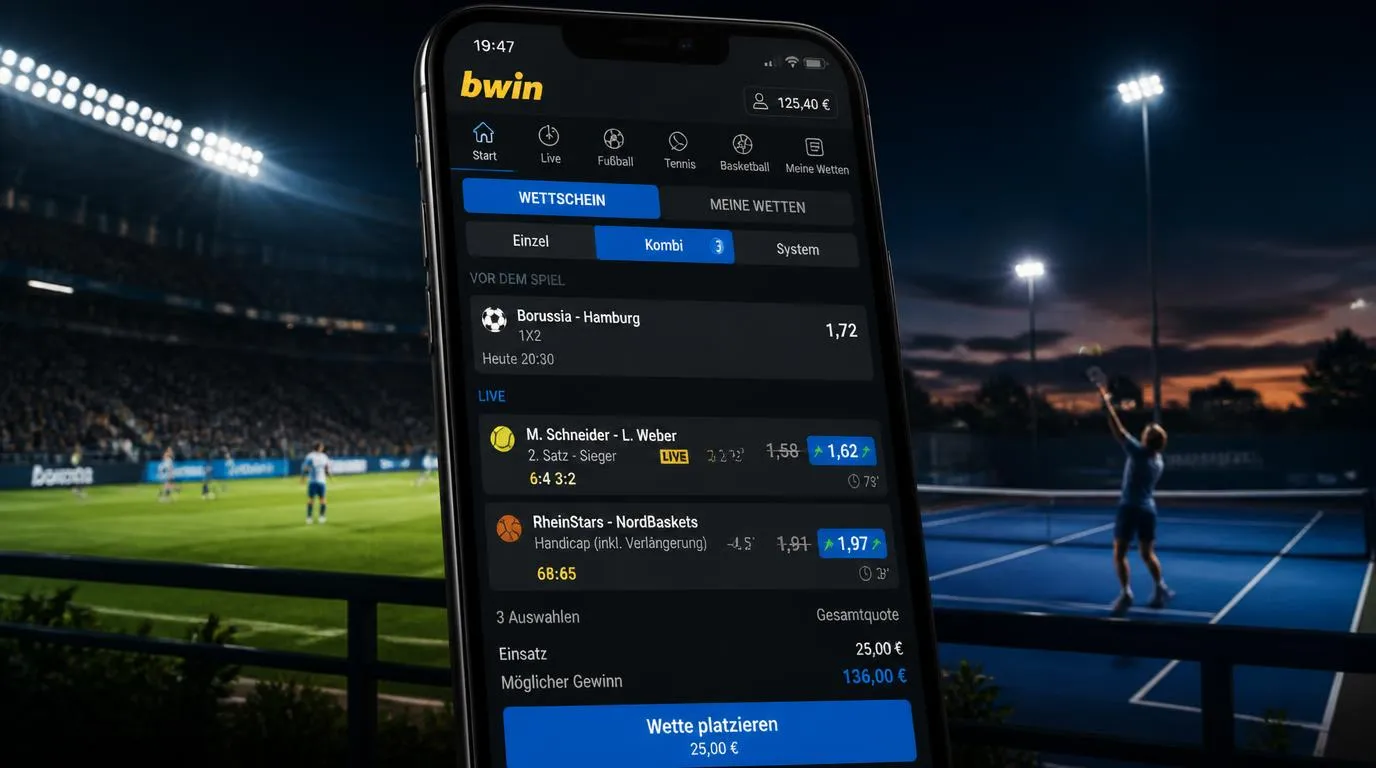 Digitaler Wettschein mit Live-Quoten für Fußball, Tennis und Basketball auf einem Smartphone