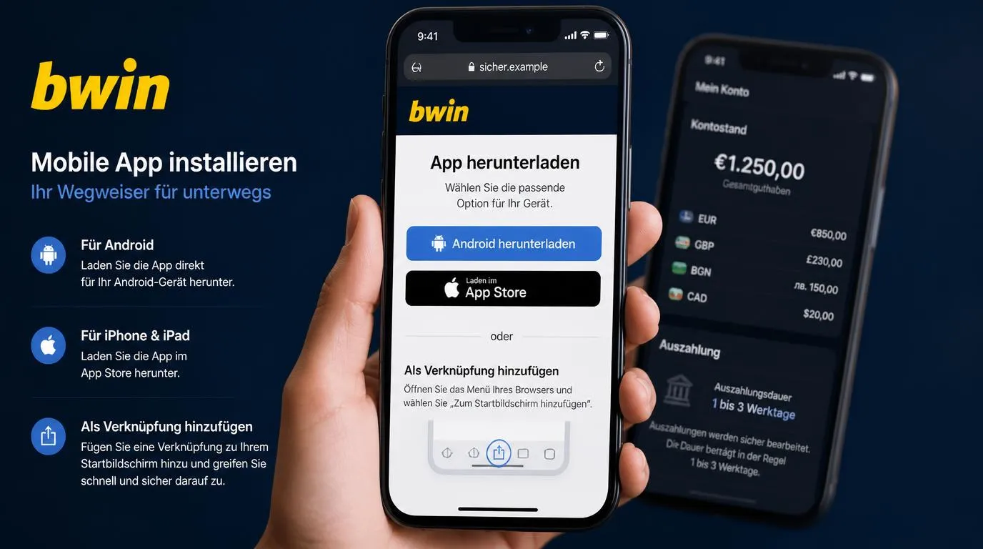 Smartphone mit offizieller Casino-Downloadseite, App-Store-Symbolen und Homescreen-Verknüpfung