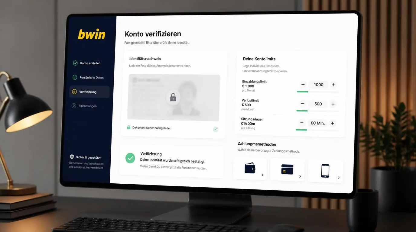 Geschützter Verifizierungsbereich mit Ausweisdokument, Sicherheitsverschluss und Kontolimits auf einem Bildschirm