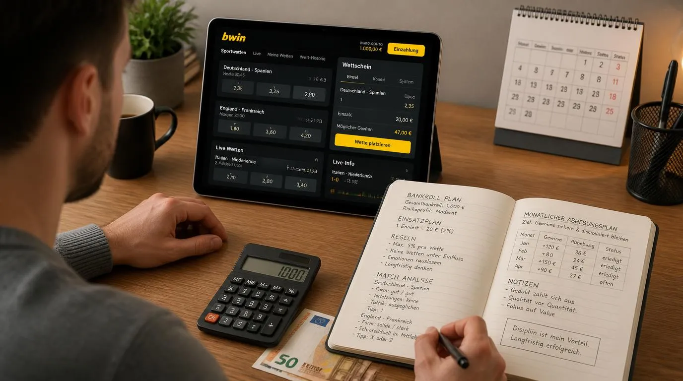 Sportwetter prüft Budget, feste Einsatzeinheiten und dokumentierte Wettresultate auf einem Tablet