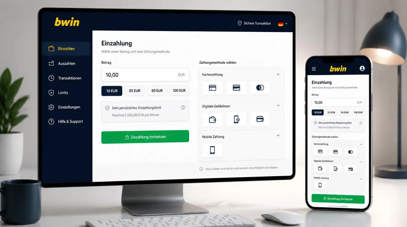 Casino-Kassenansicht mit Mindesteinzahlung von 10 Euro, Zahlungskarten und digitalen Wallets