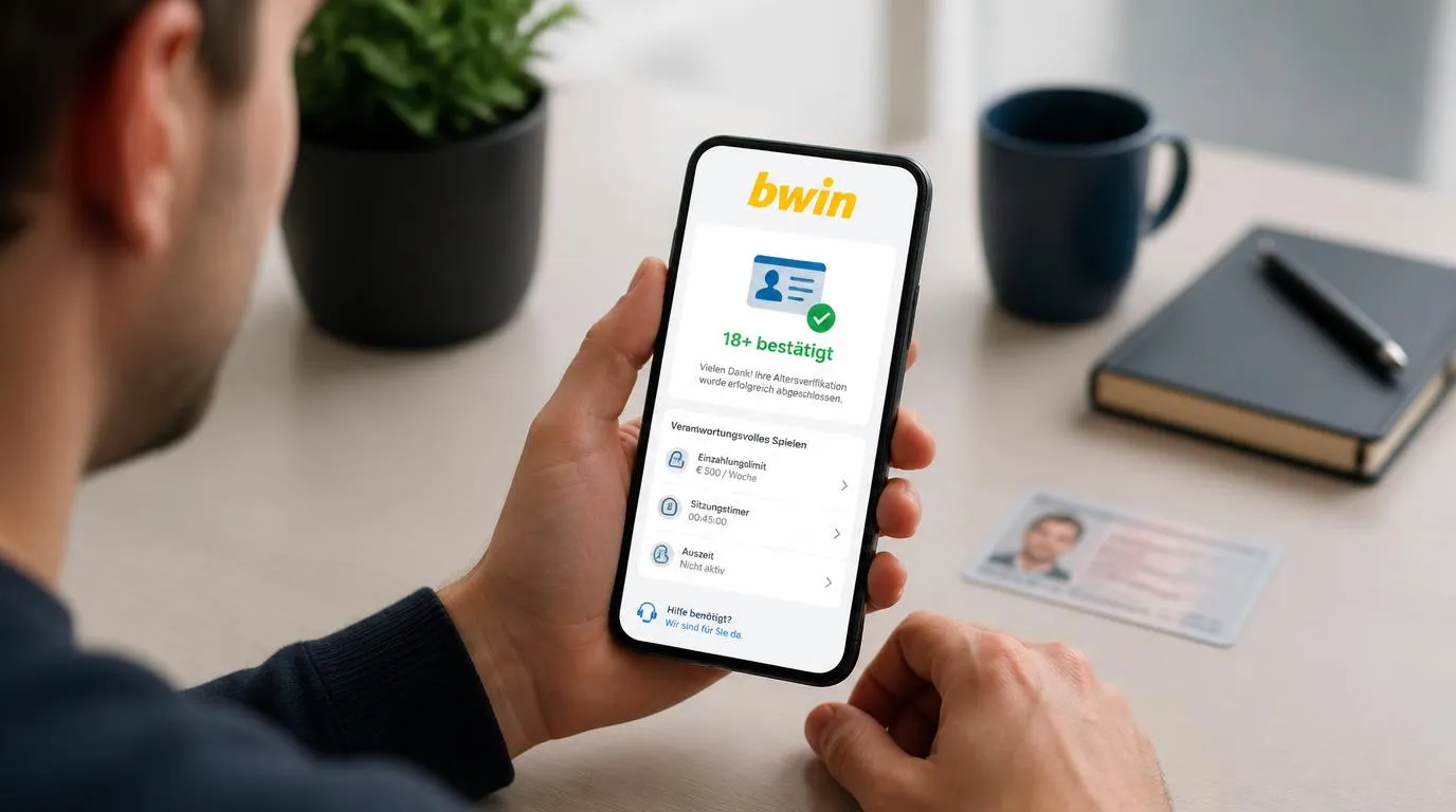 Volljährige Person prüft auf dem Smartphone die Altersverifizierung mit Ausweisdokument