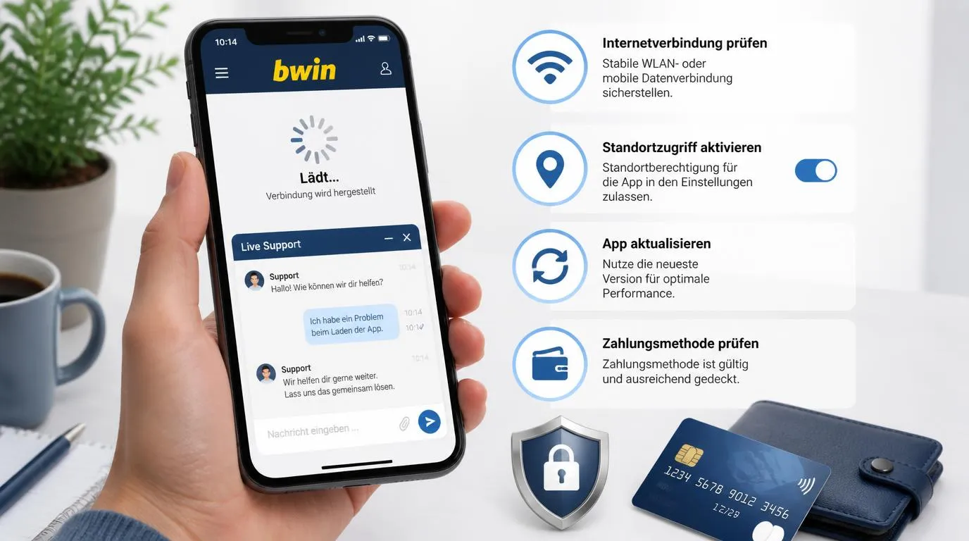 Smartphone mit App-Fehlermeldung, aktivem WLAN-Symbol und geöffnetem Live-Chat für technische Hilfe